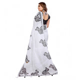 White linen cotton printed saree with unstitched blouse, traditional Indian fashion accessory on mannequin