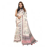 Off-white linen cotton printed saree with unstitched blouse, vibrant floral pattern on 5.5mtr length