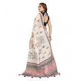 Off-white linen cotton printed saree with unstitched blouse, vibrant floral design for traditional Indian wear