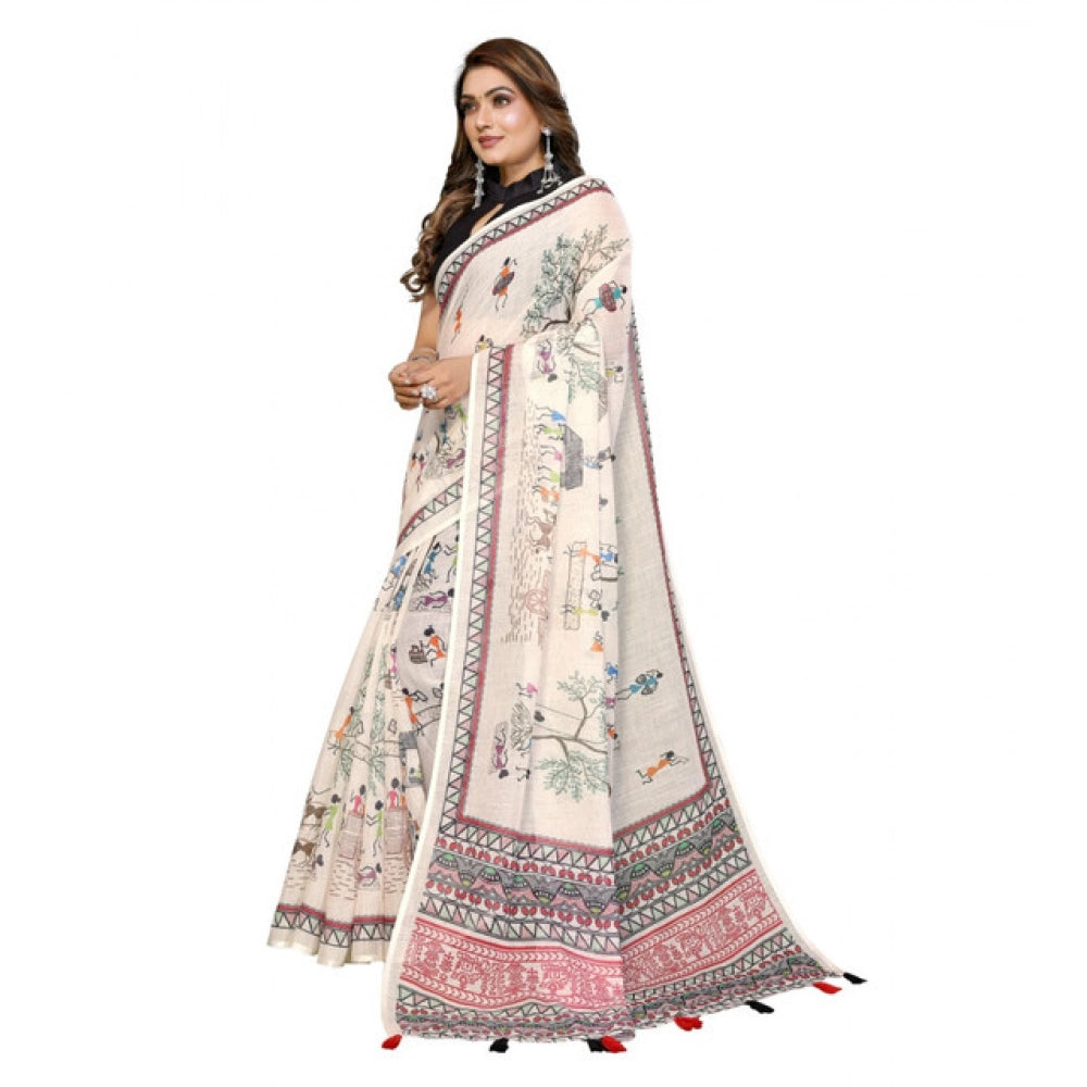 Off-white linen cotton printed saree with unstitched blouse, vibrant floral pattern for Indian women's fashion