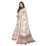 Off-white linen cotton printed saree with unstitched blouse, vibrant floral pattern for Indian women's fashion
