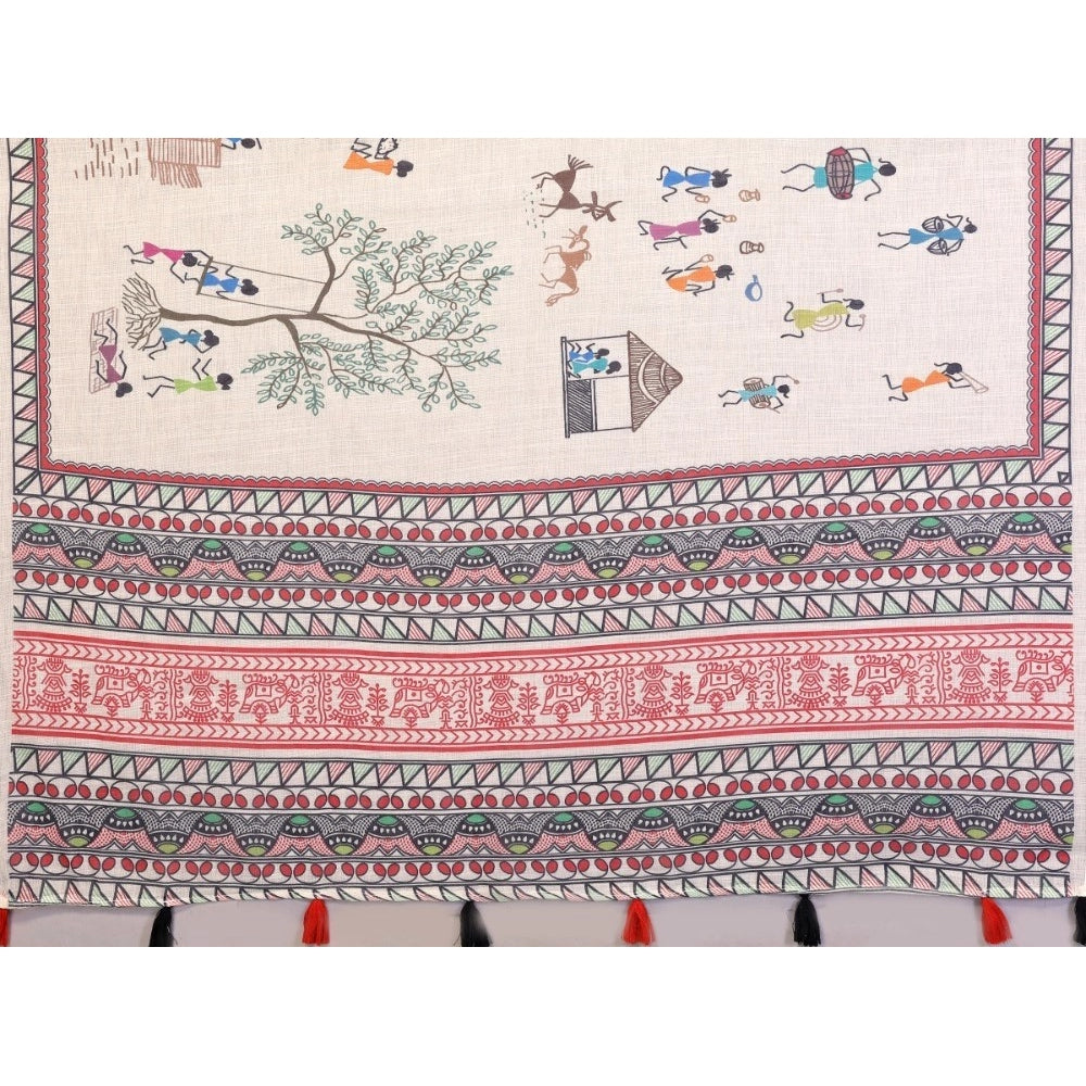 Off-white linen cotton printed saree with unstitched blouse, vibrant floral pattern for traditional Indian wear