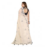 Off-white linen cotton printed saree with unstitched blouse, stylish for Indian festivals