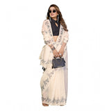 Off-white linen cotton printed saree with unstitched blouse, intricate floral design on display
