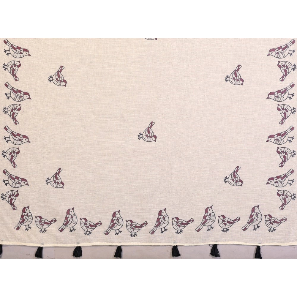 Off-white linen cotton printed saree with unstitched blouse, vibrant floral design for traditional Indian wear