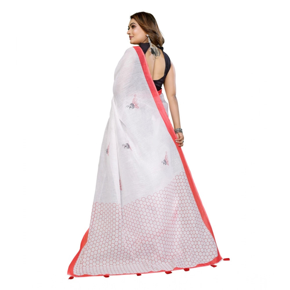 White linen cotton printed saree with unstitched blouse, vibrant design on 5.5mtr fabric