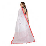 White linen cotton printed saree with unstitched blouse, vibrant design on 5.5mtr fabric