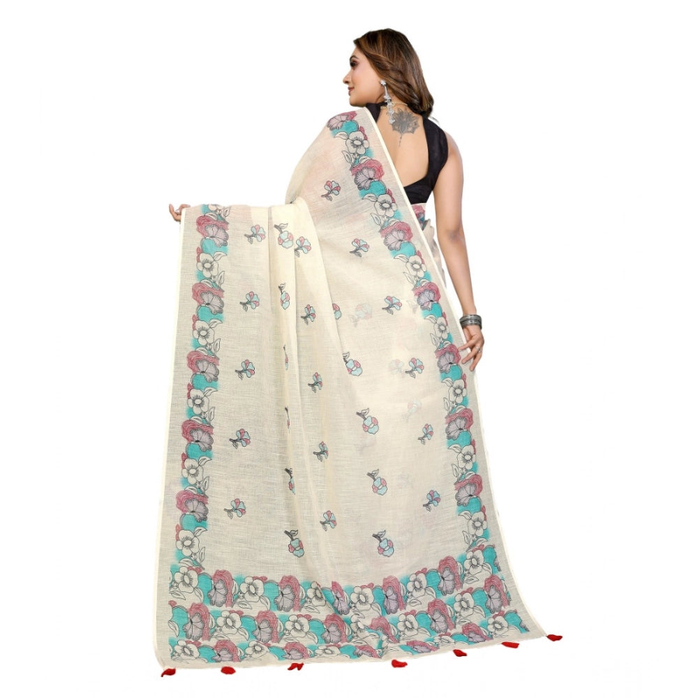 Off-white linen cotton printed saree with unstitched blouse, vibrant pattern for traditional Indian fashion