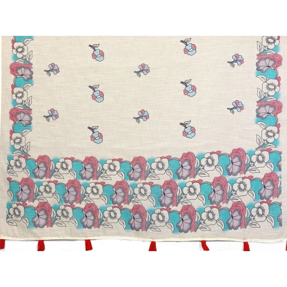 Off-white linen cotton printed saree with unstitched blouse, vibrant floral design on 5.5mtr length for women's ethnic wear