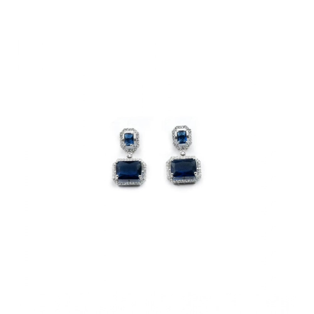Blue brass silver plated drop earrings on display, perfect for accessorizing formal wear