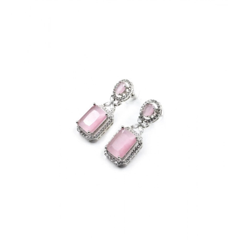 Women's pink brass silver plated drop earrings, elegant jewelry accessory for formal events