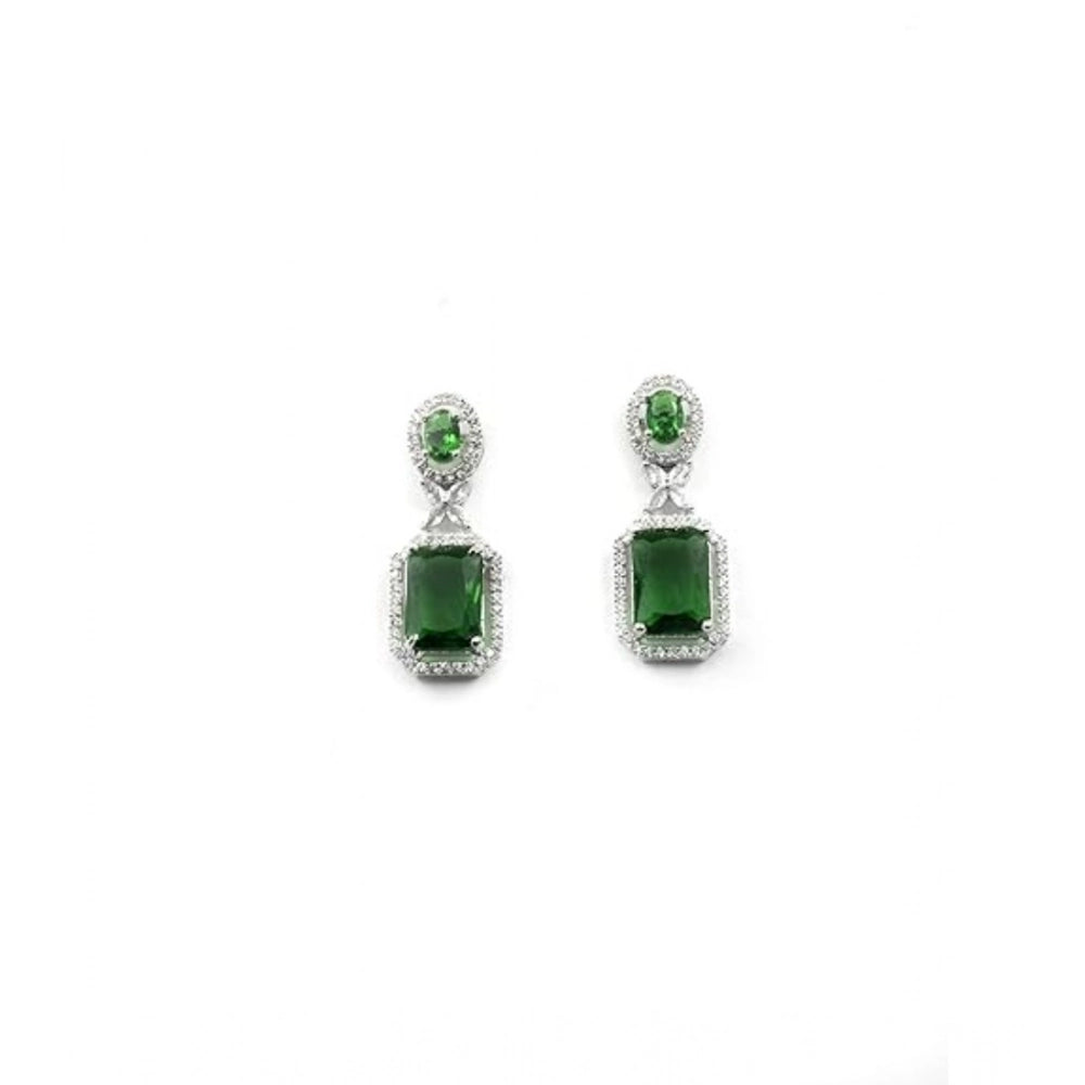 Green brass silver plated drop earrings for women, jewelry accessory on display stand