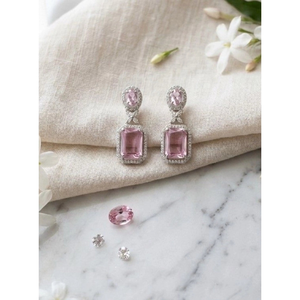 Women's pink brass silver plated drop earrings, jewelry accessory on white background