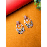 Multi-colored brass silver plated Chandbali earrings for women, elegant jewelry accessory on display stand