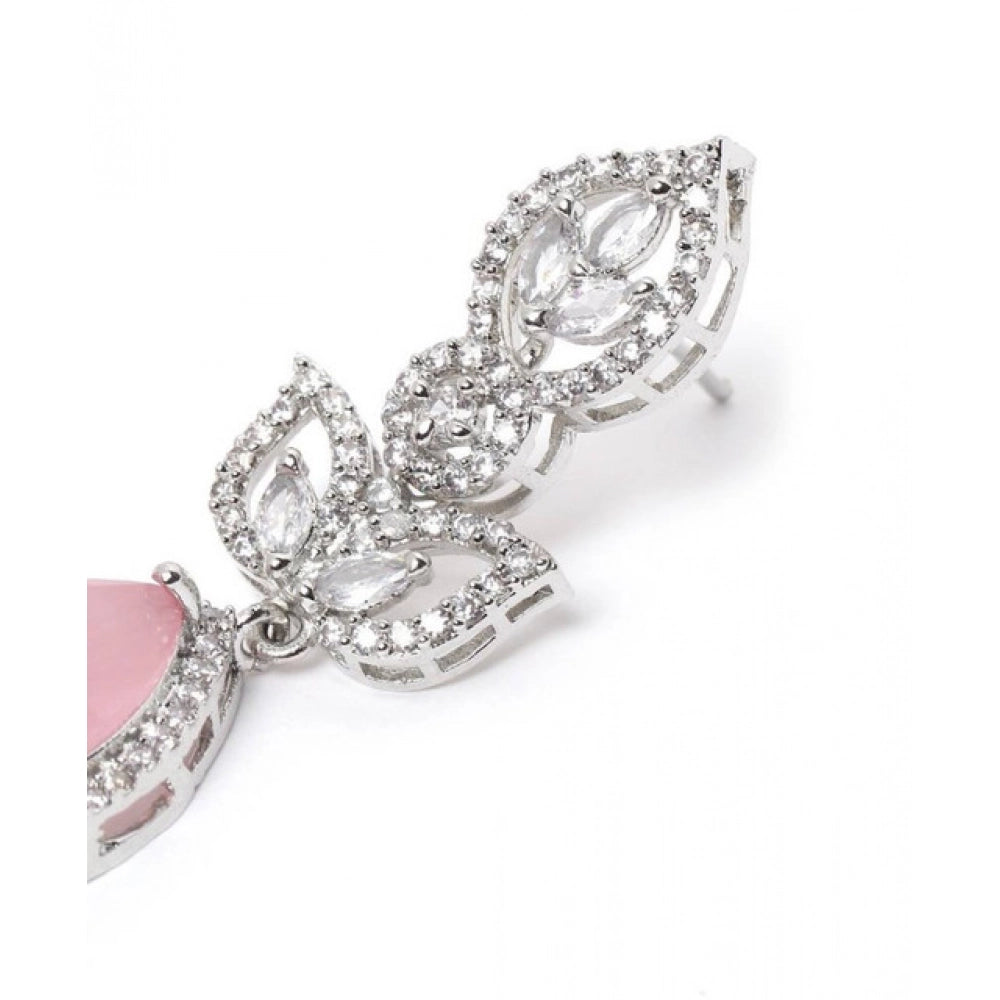 Pink brass silver plated drop earrings for women, stylish accessory on display