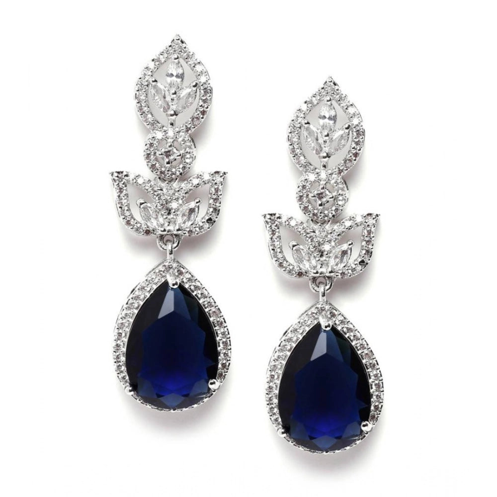 Blue brass silver plated drop earrings, stylish jewelry accessory for women on display