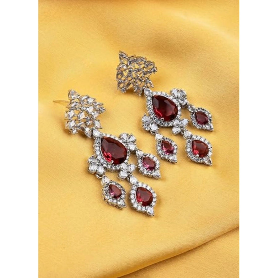Women's brass silver plated drop earrings (red), elegant jewelry accessory for special occasions