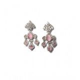 Women's pink brass silver plated drop earrings on display, keep dry for care