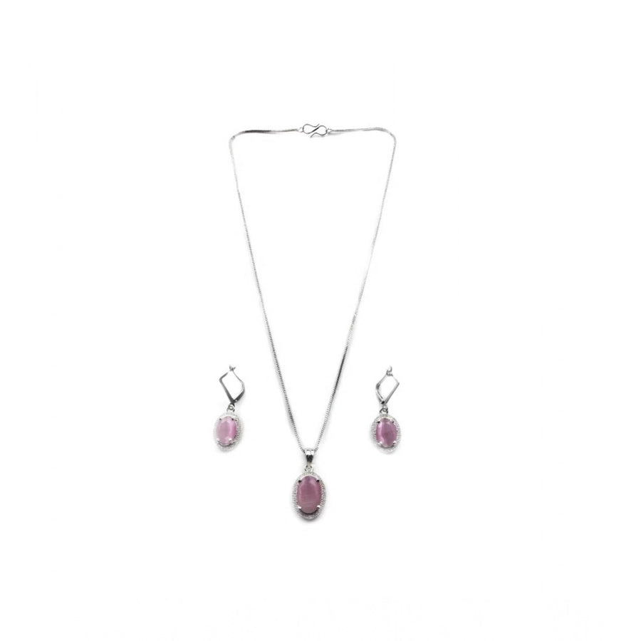 Pink brass silver-plated women's pendant set on jewelry stand, perfect for accessorizing formal wear, keep dry after use