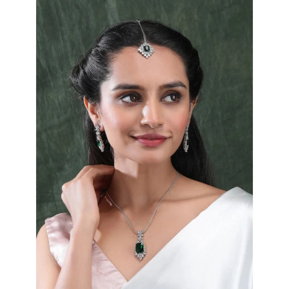 Green brass silver plated pendant set for women, wearable jewelry accessory on display