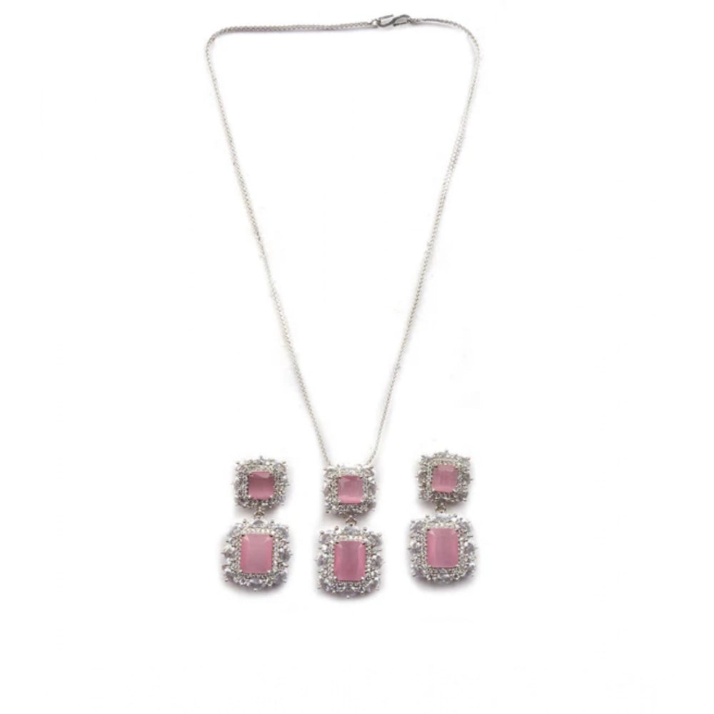 Pink brass silver plated pendant set for women, jewelry accessory on display stand
