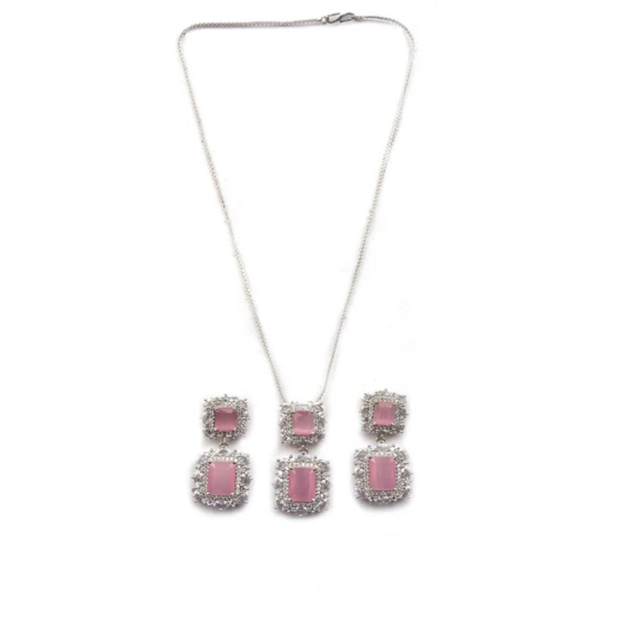 Pink brass silver plated pendant set for women, jewelry accessory on display stand