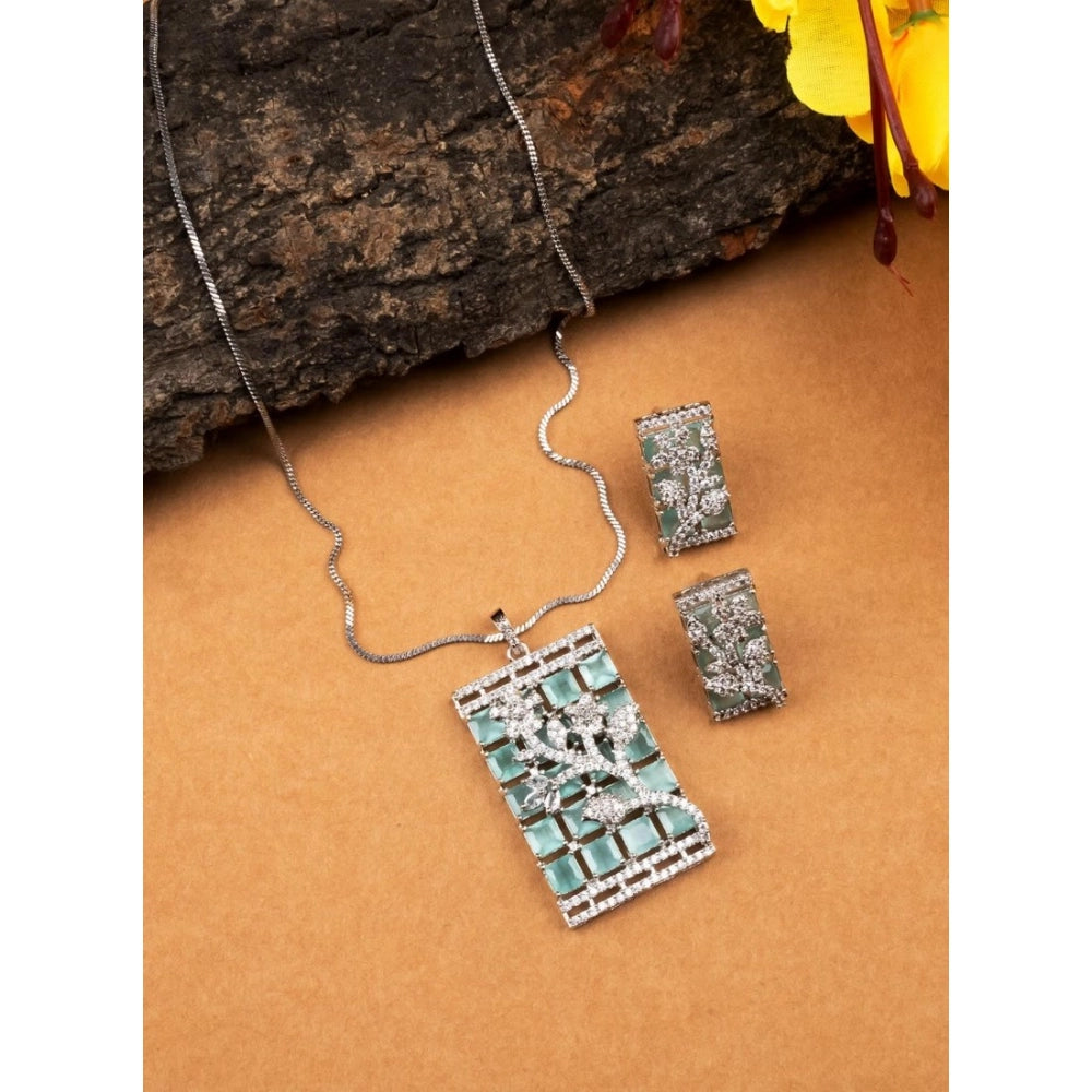 Brass silver plated turquoise pendant set for women, jewelry accessory on display stand, avoid water and chemicals