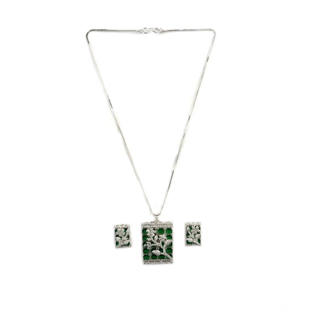 Green brass silver-plated pendant set for women, jewelry accessory on display stand