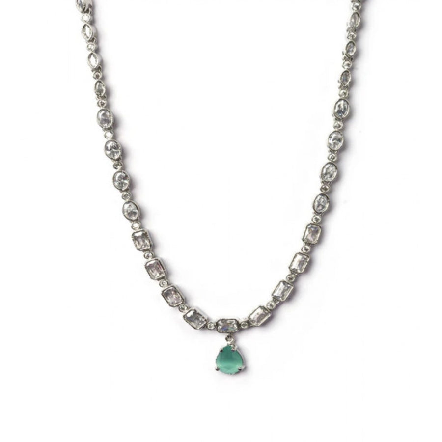 Brass silver plated turquoise necklace set for women, elegant jewelry accessory on display stand