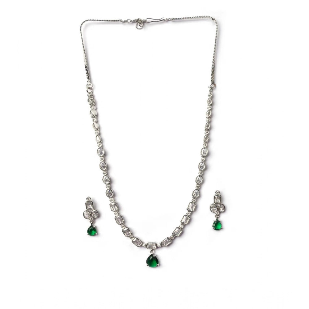 Green brass silver plated necklace set for women, elegant accessory on display stand