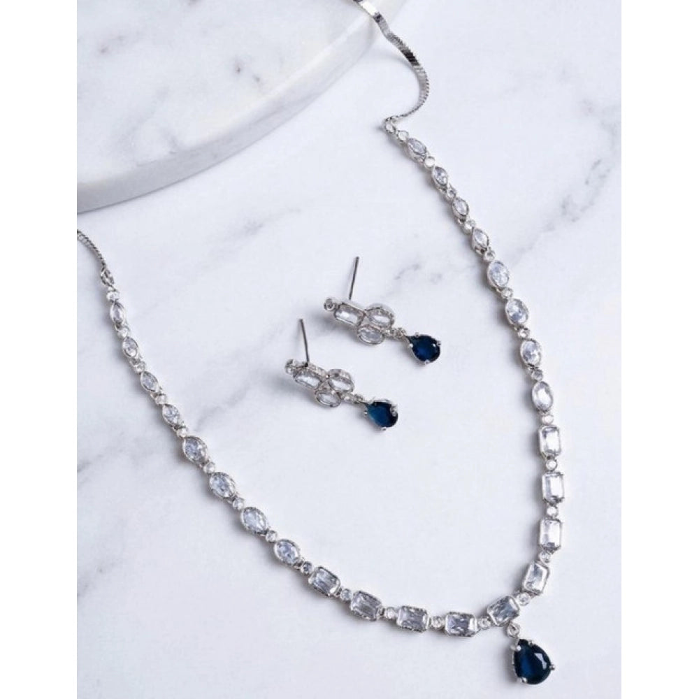 Blue brass silver plated necklace set for women, perfect for accessories collection, jewelry on display stand