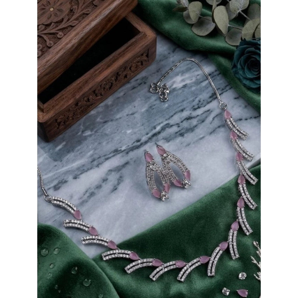 Women's brass silver-plated pink necklace set, elegant jewelry for special occasions