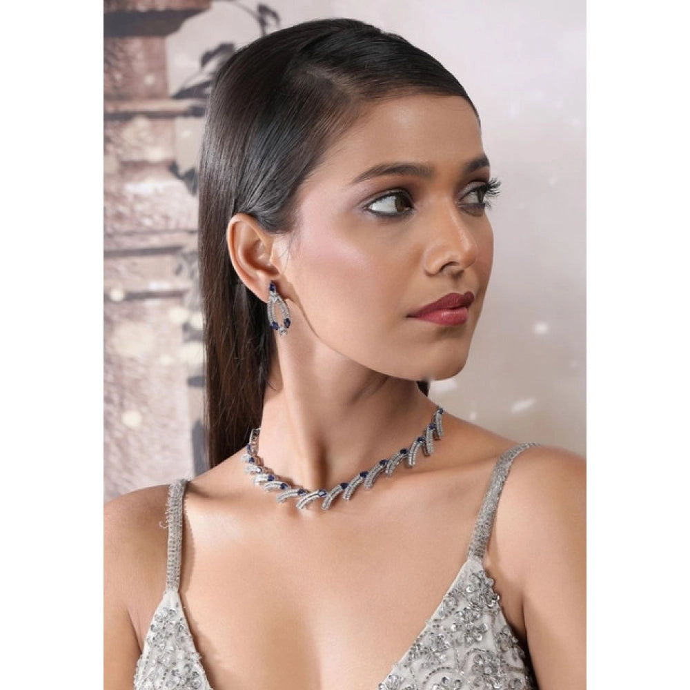 Blue brass silver plated necklace set for women, elegant jewelry on display stand