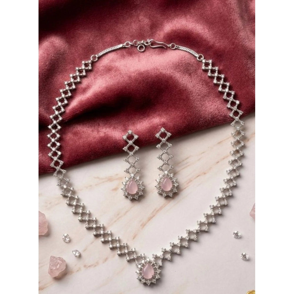 Pink brass silver-plated women's necklace set on display, suitable for special occasions