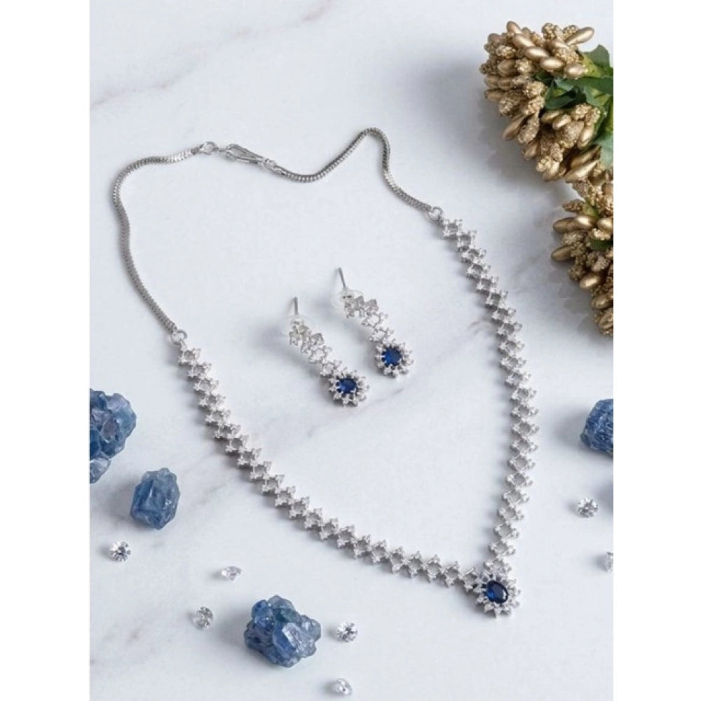 Blue brass silver plated necklace set for women, elegant jewelry accessory