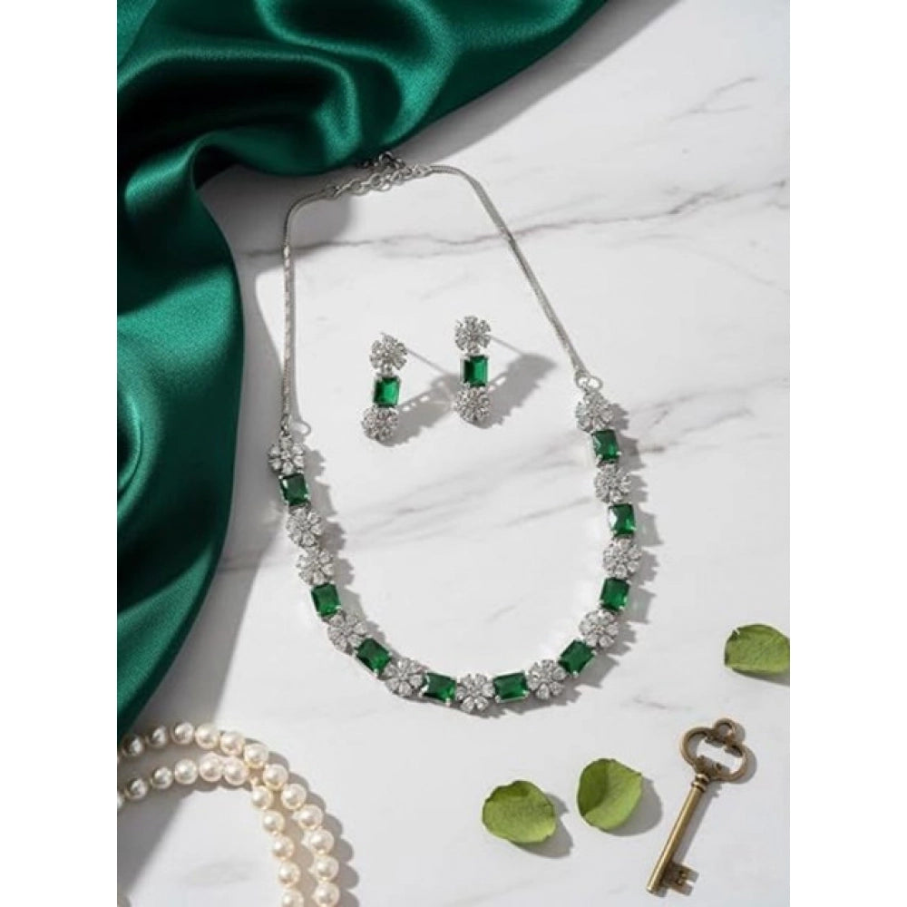 Green brass silver-plated necklace set for women, elegant accessory on display