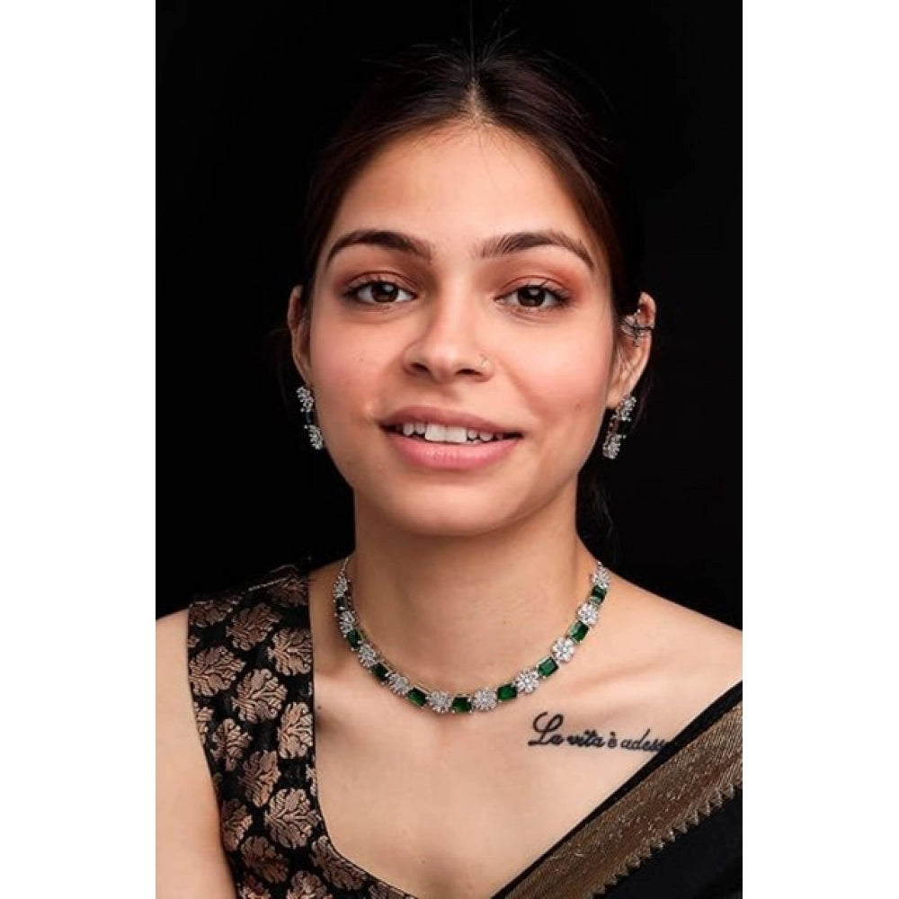 Green brass silver-plated women's necklace set on display, suitable for various occasions