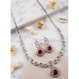 Red brass silver plated necklace set for women, elegant jewelry on display stand