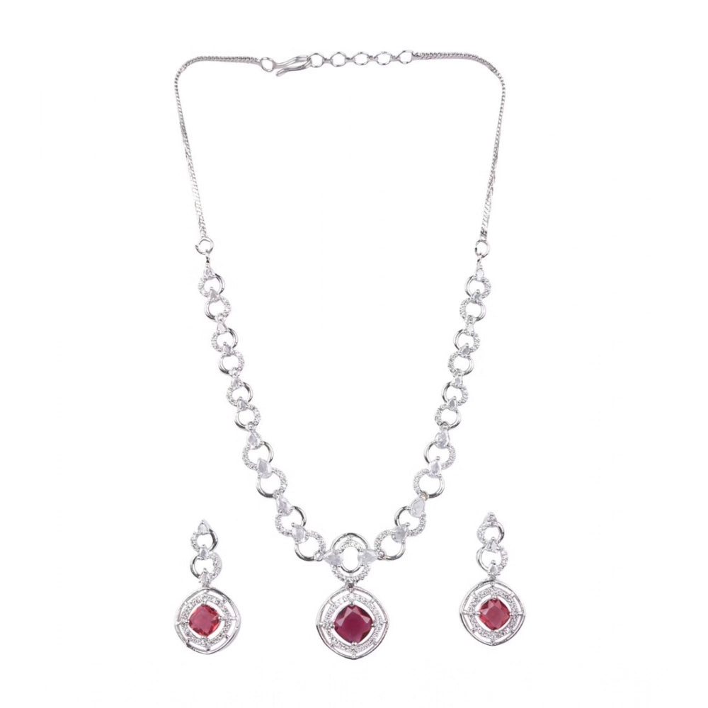 Red brass silver plated necklace set for women, elegant jewelry on display stand