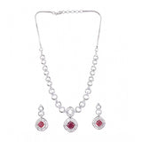 Red brass silver plated necklace set for women, elegant jewelry on display stand