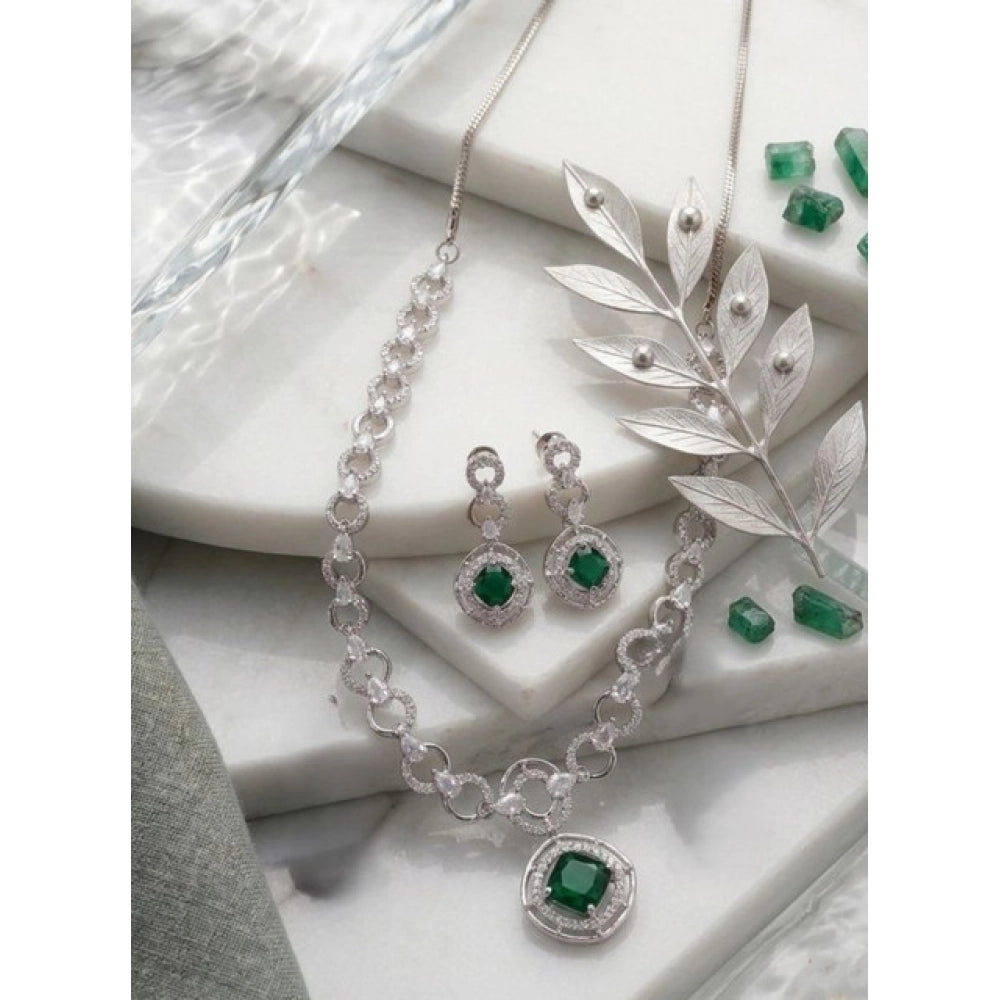 Green brass silver plated necklace set for women, elegant accessory on display