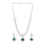 Green brass silver plated necklace set for women, elegant jewelry set on display