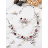 Red brass silver plated necklace set for women, elegant jewelry accessory on display stand