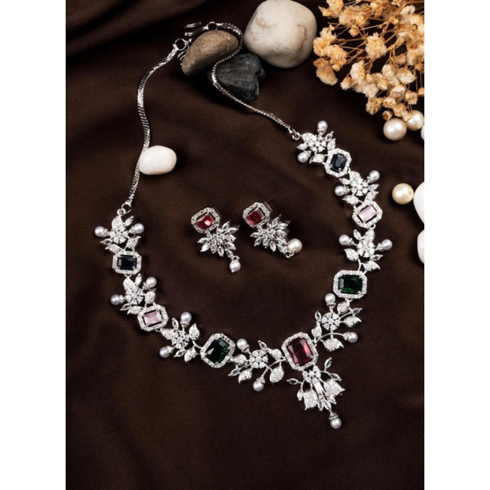 Multicolor brass silver plated women's necklace set, stylish accessory for everyday wear