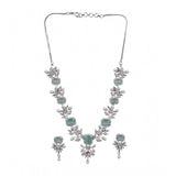 Brass silver plated turquoise necklace set for women, elegant accessory on display stand