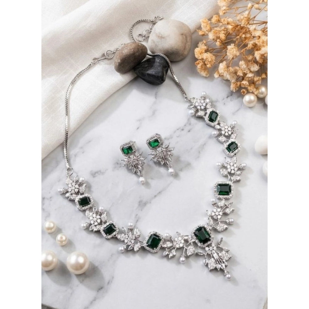 Green brass silver-plated women's necklace set, elegant accessory for special occasions