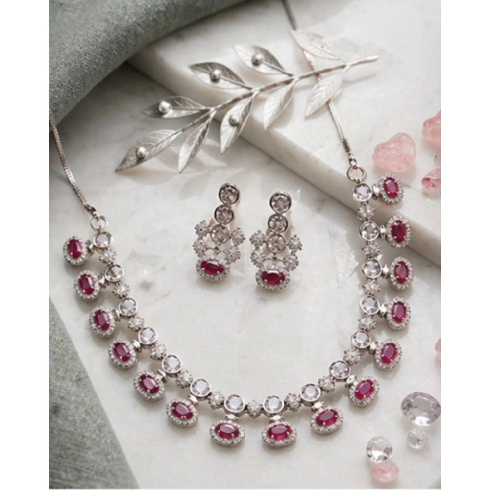 Women's pink brass silver plated necklace set, elegant jewelry accessory for special occasions