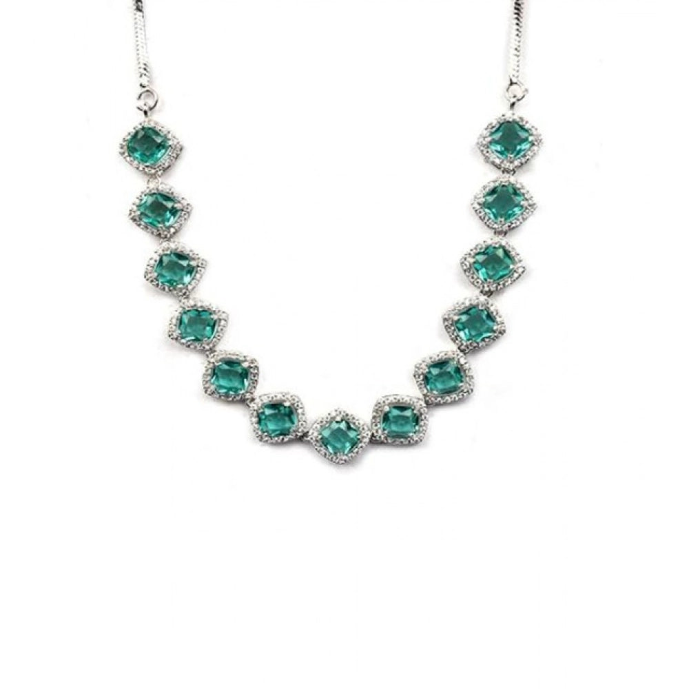 Green brass silver plated necklace set for women, elegant accessory on display stand