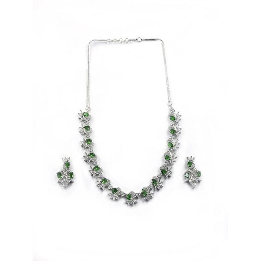 Green brass silver plated necklace set for women, elegant accessories for fashionable jewelry collection
