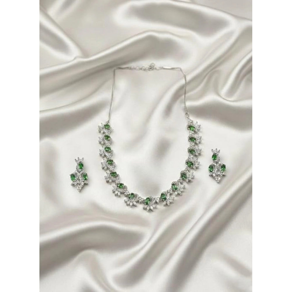 Green brass silver-plated women's necklace set on display, ideal for accessorizing formal wear